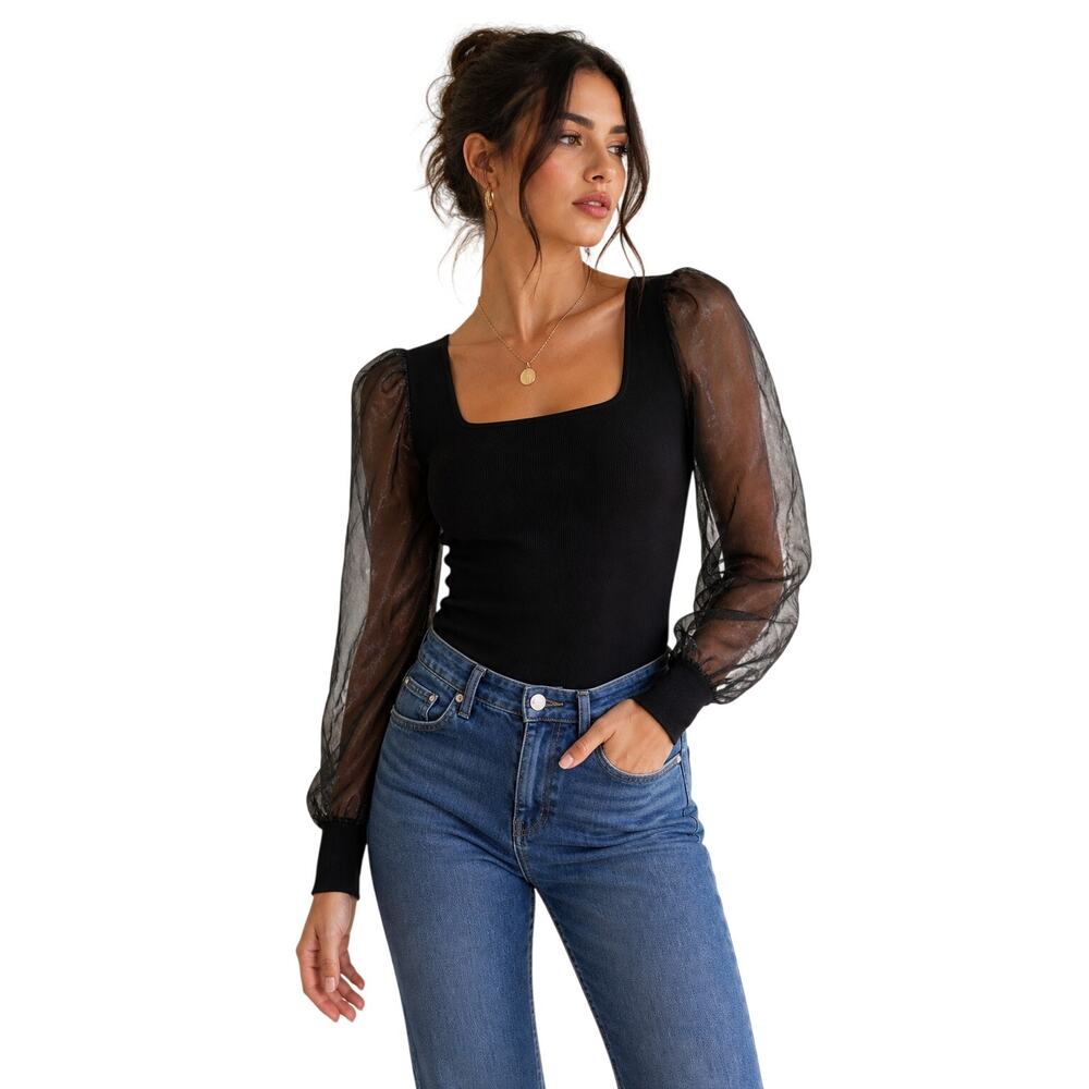 House of Harlow 1960 Black Sheer Sleeve Top Square Neck Knit M